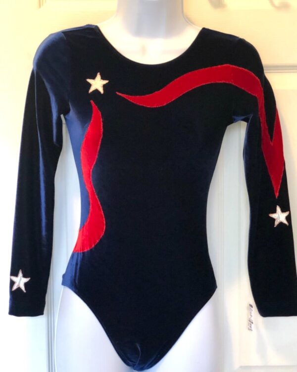 GK LgSLV BLUE VELVET ADULT SMALL RED VELVET RIBBON FOIL STARS GYMNAST LEOTARD AS