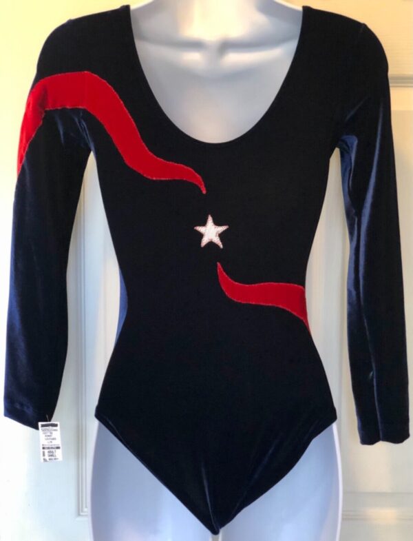 GK LgSLV BLUE VELVET ADULT SMALL RED VELVET RIBBON FOIL STARS GYMNAST LEOTARD AS - Image 4