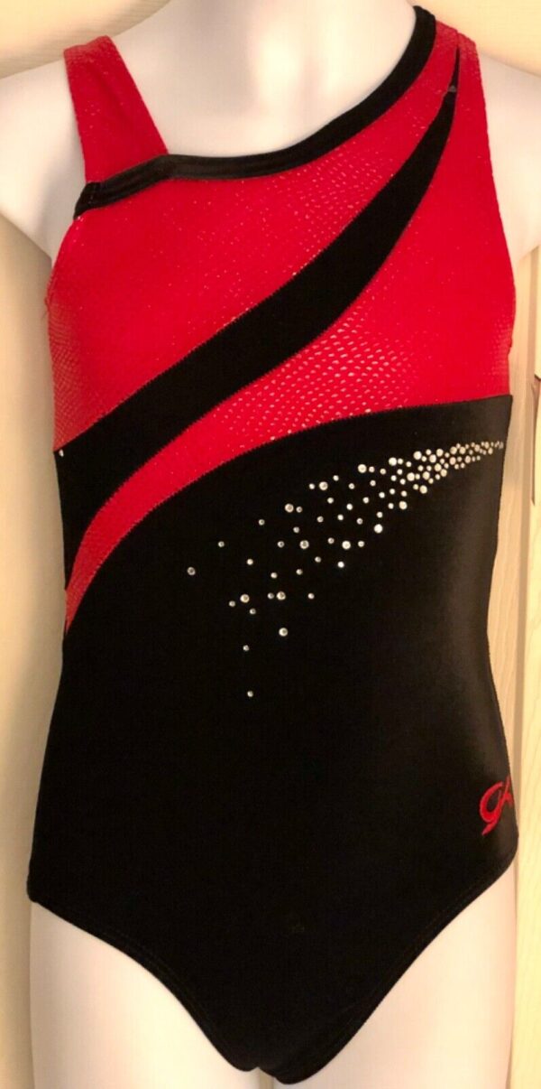 GK ASYM RED SLITHER CHILD MEDIUM BLACK VELVET JA GYMNASTS DANCE TANK LEOTARD CM