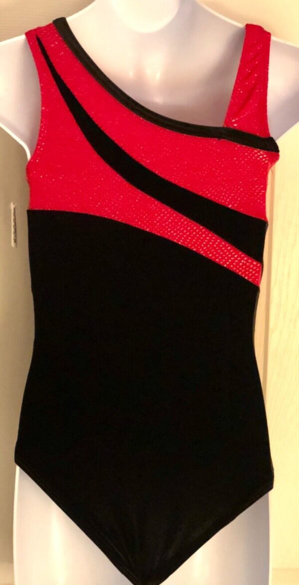 GK ASYM RED SLITHER CHILD MEDIUM BLACK VELVET JA GYMNASTS DANCE TANK LEOTARD CM - Image 3