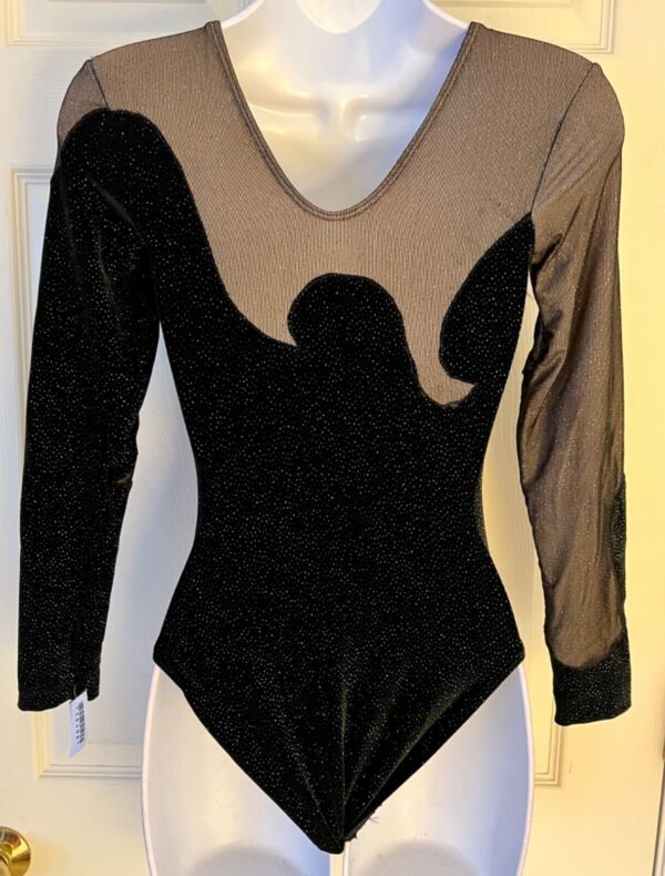 GK LgSLV LADIES SMALL BLACK GLITTER VELVET & MESH GYMNASTICS DANCE LEOTARD Sz AS - Image 7