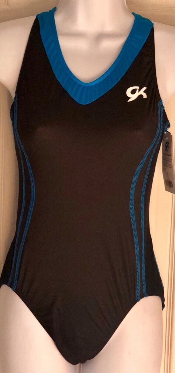 GK ELITE GYMTEK TURQUOISE BLACK TECH GYMNASTICS LEOTARD ADULT M