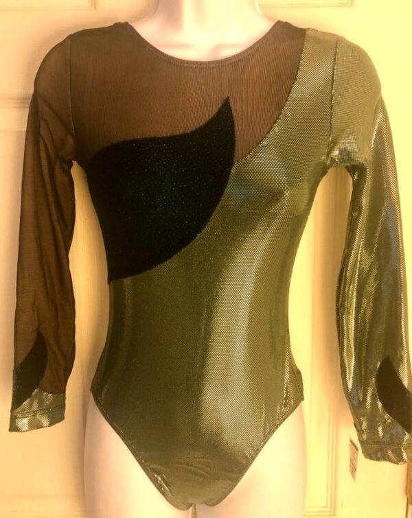 GK ADULT SMALL LgSLV EVERGREEN FOIL VELVET BLACK MESH GYMNAST DANCE LEOTARD AS