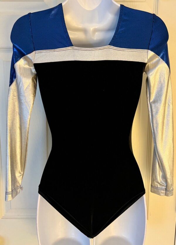 GK BLACK VELEVT ADULT SMALL LgSLV BLUE SILVER FOIL GYMNASTIC DANCE LEOTARD Sz AS - Image 6