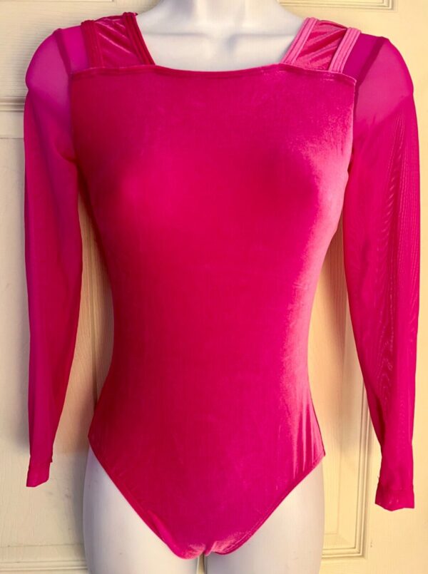 GK ADULT SMALL PINK VELVET MESH LgSLV SQUARE NECK GYMNAST DANCE LEOTARD Sz AS