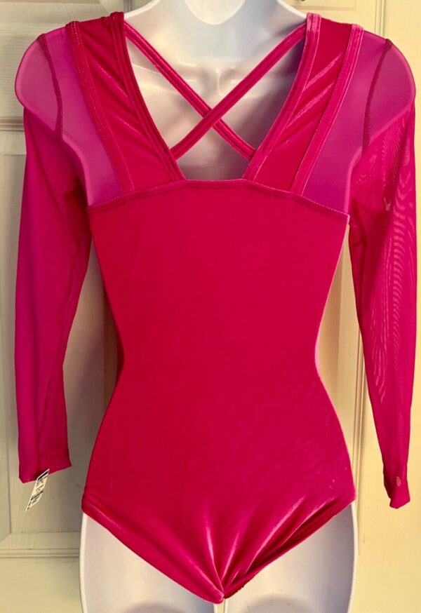 GK ADULT SMALL PINK VELVET MESH LgSLV SQUARE NECK GYMNAST DANCE LEOTARD Sz AS - Image 5