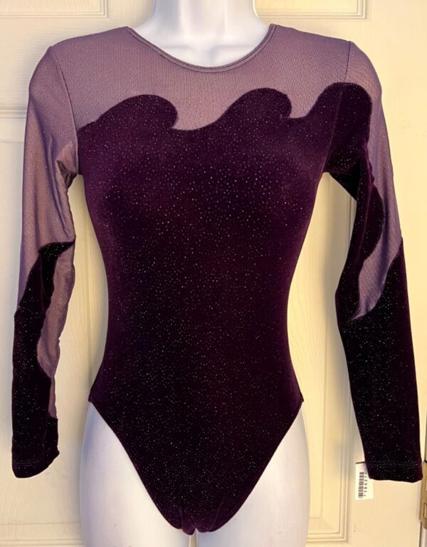 GK LgSLV PURPLE GLITTER VELVET MESH ADULT SMALL GYMNASTICS DANCE LEOTARD Sz AS