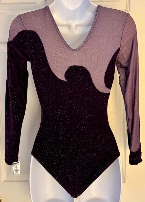 GK LgSLV PURPLE GLITTER VELVET MESH ADULT SMALL GYMNASTICS DANCE LEOTARD Sz AS - Image 7