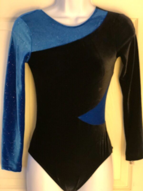 GK LgSLV ADULT SMALL ROYAL GLITTER BLACK VELVET GYMNASTICS DANCE LEOTARD AS NWT!