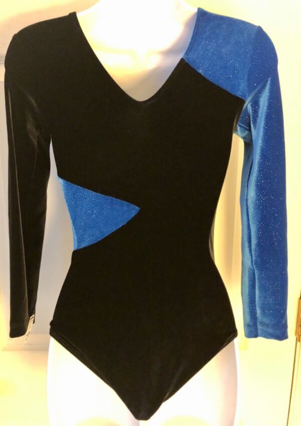 GK LgSLV ADULT SMALL ROYAL GLITTER BLACK VELVET GYMNASTICS DANCE LEOTARD AS NWT! - Image 6