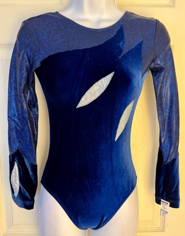 GK LgSLV LADIES SMALL ROYAL VELVET WHITE SPARKLE GYMNASTICS DANCE LEOTARD Sz AS