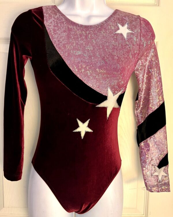 GK LgS PLUM VELVET ADULT SMALL PLUM CRYSTAL FOIL GYMNAST DANCE CHEER LEOTARD AS