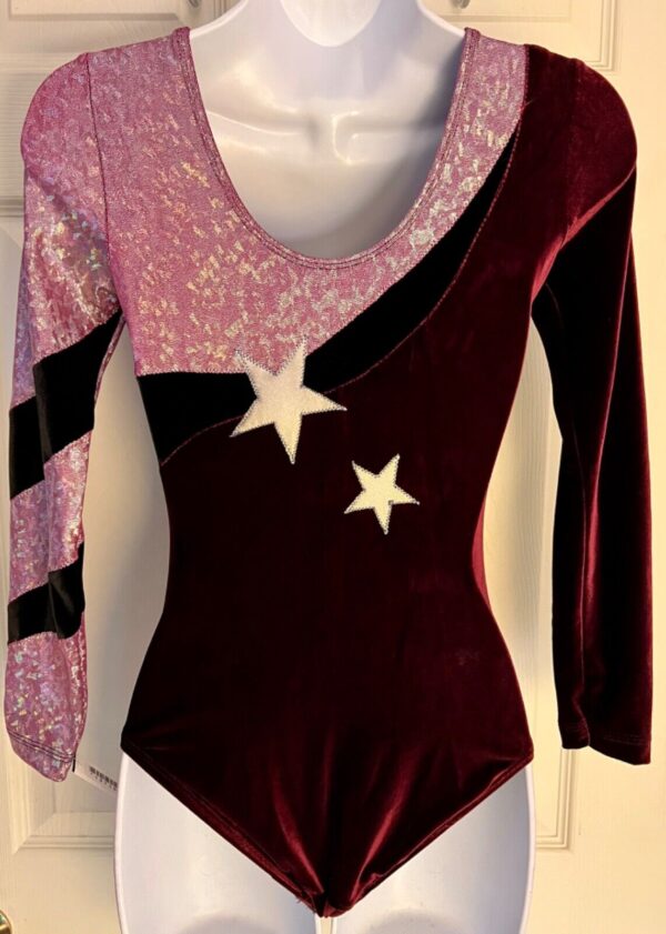 GK LgS PLUM VELVET ADULT SMALL PLUM CRYSTAL FOIL GYMNAST DANCE CHEER LEOTARD AS - Image 5