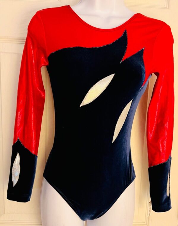 GK LADIES SMALL LgSLV RED FOIL NAVY VELVET RIBBONS GYMNASTICS DANCE LEOTARD SZ S