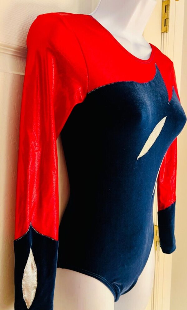 GK LADIES SMALL LgSLV RED FOIL NAVY VELVET RIBBONS GYMNASTICS DANCE LEOTARD SZ S - Image 3