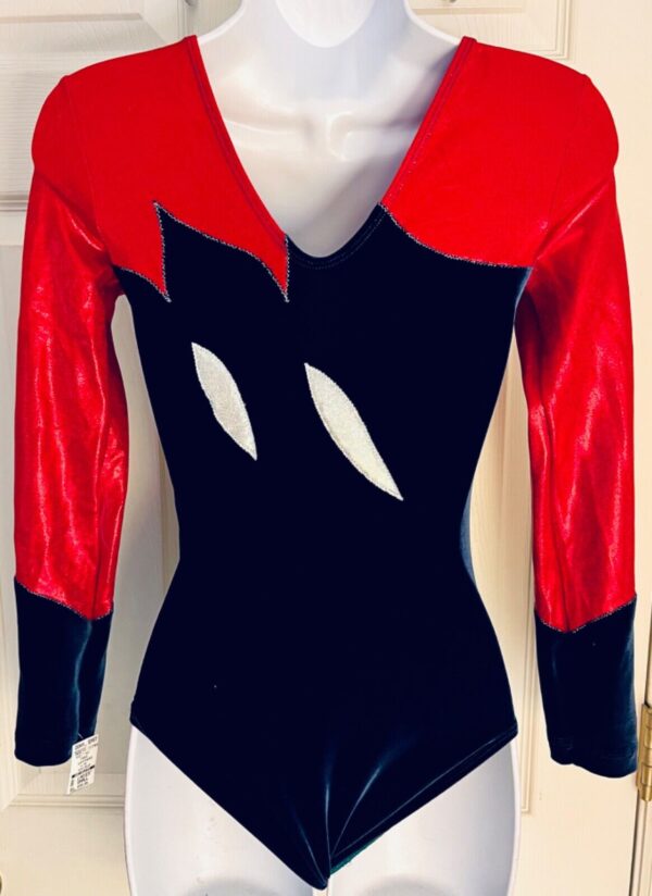 GK LADIES SMALL LgSLV RED FOIL NAVY VELVET RIBBONS GYMNASTICS DANCE LEOTARD SZ S - Image 5