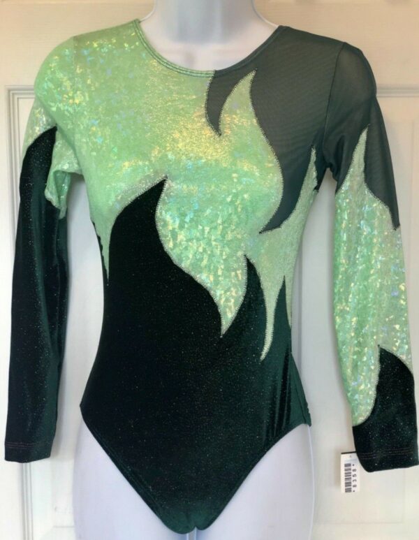 GK LONG SLEEVE LADIES SMALL GREEN SPARKLE VELVET LIME FOIL DANCE LEOTARD AS