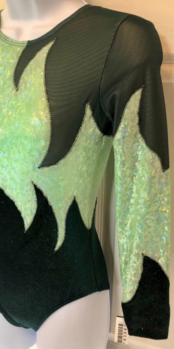 GK LONG SLEEVE LADIES SMALL GREEN SPARKLE VELVET LIME FOIL DANCE LEOTARD AS - Image 4