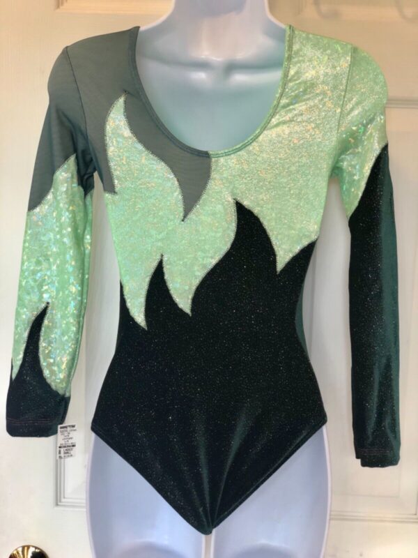 GK LONG SLEEVE LADIES SMALL GREEN SPARKLE VELVET LIME FOIL DANCE LEOTARD AS - Image 5