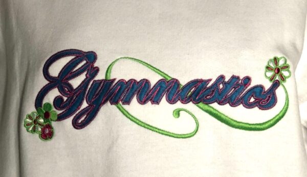 GK SWEATSHIRT ADULT SMALL GYMNASTICS RIBBON FLOWER APPLIQUÃ‰ WHITE PULLOVER Sz AS - Image 2