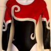 GK LADIES SMALL LgSLV RED BLACK FOIL SILVER RIBBONS GYMNASTIC DANCE LEOTARD SZ S