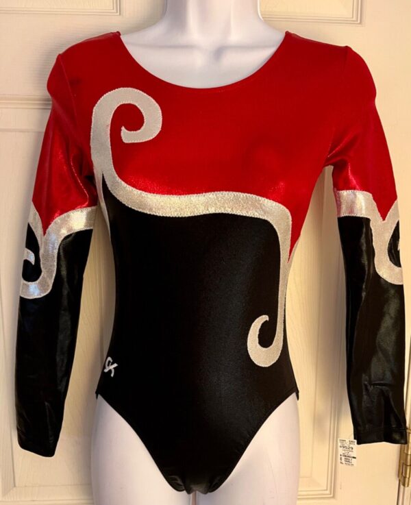 GK LADIES SMALL LgSLV RED BLACK FOIL SILVER RIBBONS GYMNASTIC DANCE LEOTARD SZ S