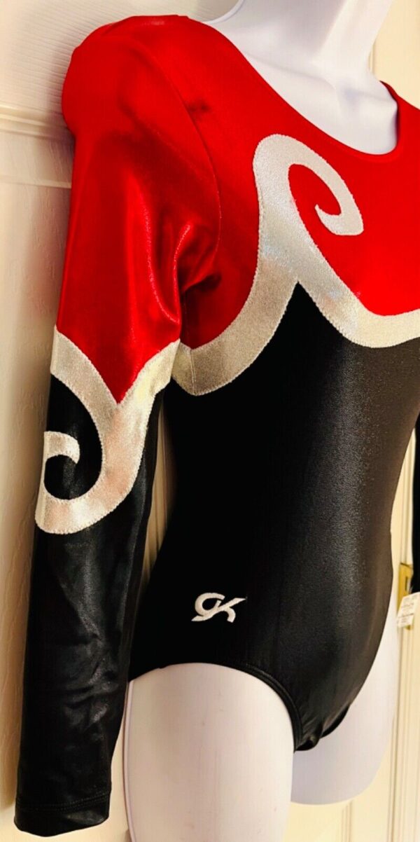 GK LADIES SMALL LgSLV RED BLACK FOIL SILVER RIBBONS GYMNASTIC DANCE LEOTARD SZ S - Image 3