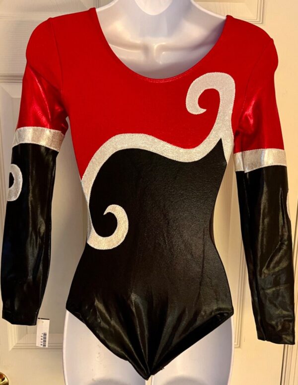 GK LADIES SMALL LgSLV RED BLACK FOIL SILVER RIBBONS GYMNASTIC DANCE LEOTARD SZ S - Image 5