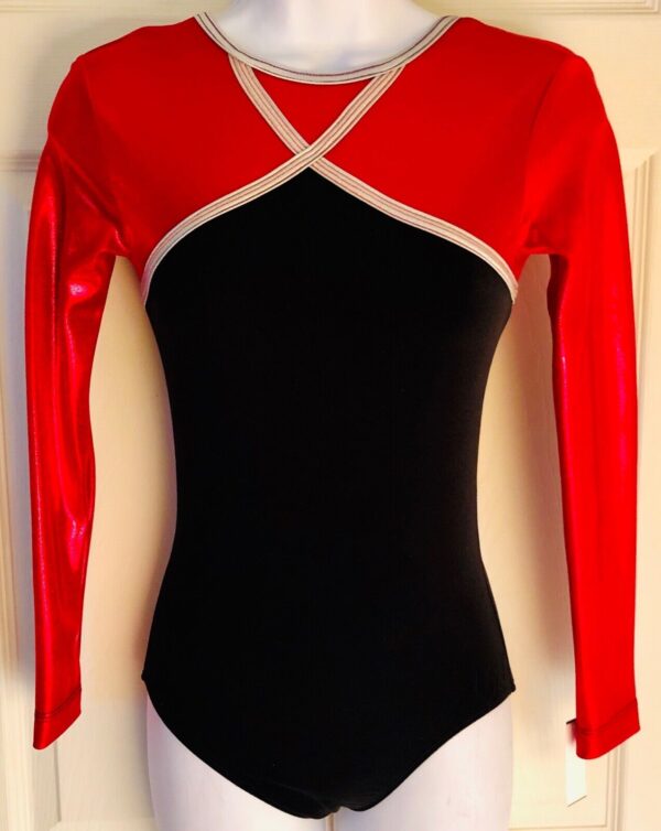 GK Elite LgS RED FOUL BLACK VELVET GYMNASTIC DANCE LEOTARD Sz AS