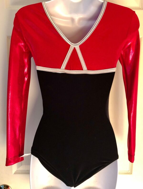 GK Elite LgS RED FOUL BLACK VELVET GYMNASTIC DANCE LEOTARD Sz AS - Image 2