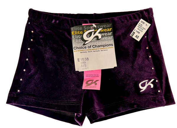 GK WORKOUT ADULT SMALL PURPLE VELVET CRYSTAL ACCENTS SHORTS CHEER DANCE GYMNAS S