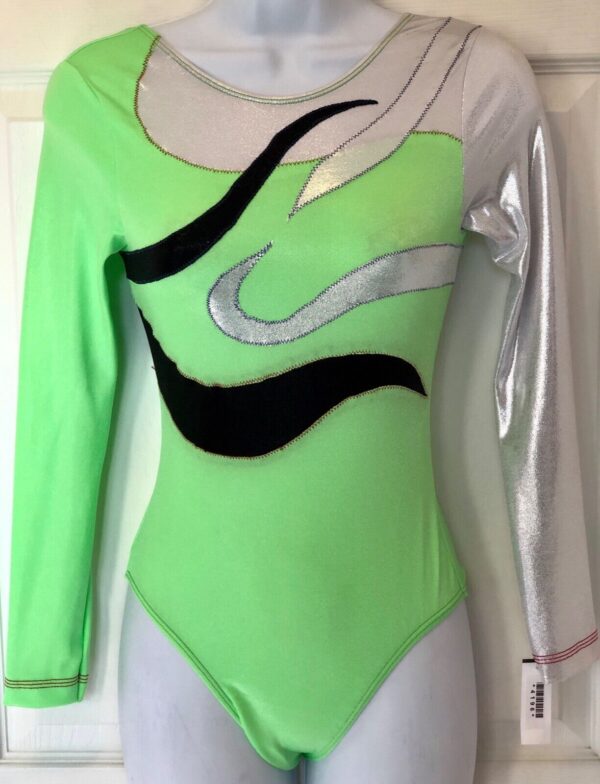 GK LgS LADIES SMALL NEON LIME DRYTECH SILVER FOIL GYMNASTIC DANCE LEOTARD AS NWT