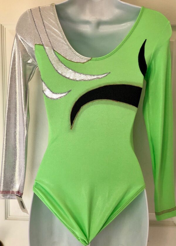 GK LgS LADIES SMALL NEON LIME DRYTECH SILVER FOIL GYMNASTIC DANCE LEOTARD AS NWT - Image 2