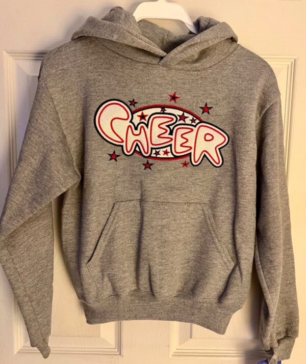 GK CHEER LOGO GIRLS MEDIUM GRAY SWEATSHIRT HOODIE WHITE RED BLUE SPARKLE SZ M