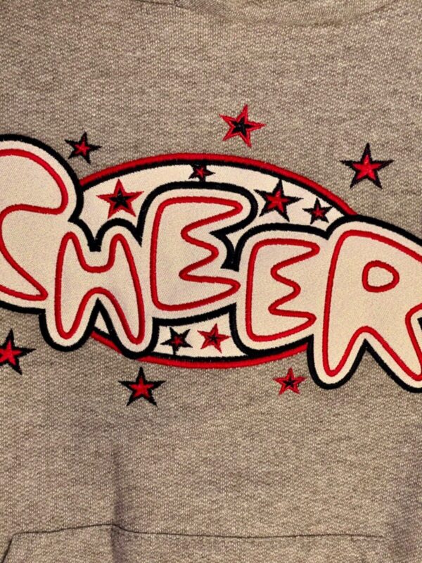 GK CHEER LOGO GIRLS MEDIUM GRAY SWEATSHIRT HOODIE WHITE RED BLUE SPARKLE SZ M - Image 2