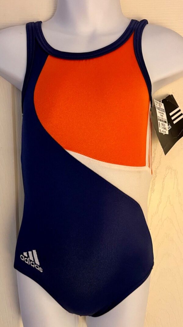 ADIDAS CHILD X-SMALL ORANGE BLUE WHITE NYLON GK CAMI TANK GYMNAST LEOTARD SZ XS