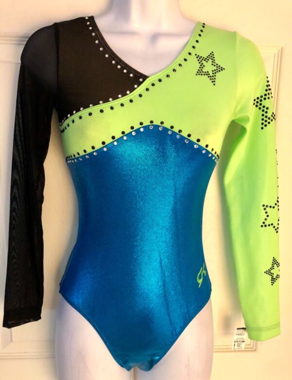 GK GREEN BLUE FOIL ADULT SMALL LgSLV BLACK MESH JA GYMNASTIC DANCE LEOTARD Sz AS