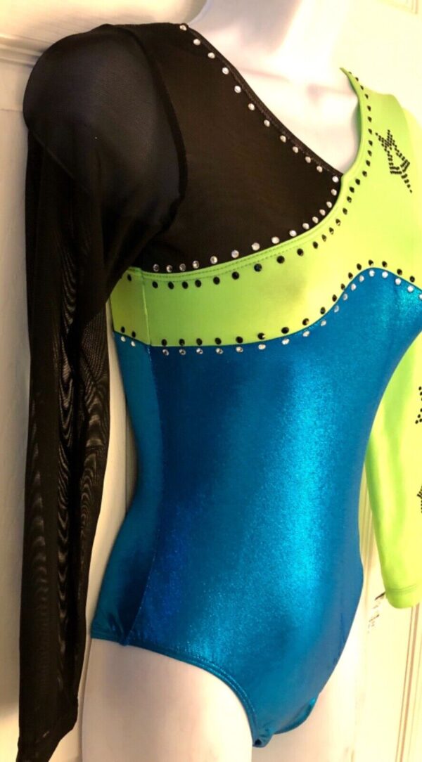 GK GREEN BLUE FOIL ADULT SMALL LgSLV BLACK MESH JA GYMNASTIC DANCE LEOTARD Sz AS - Image 4