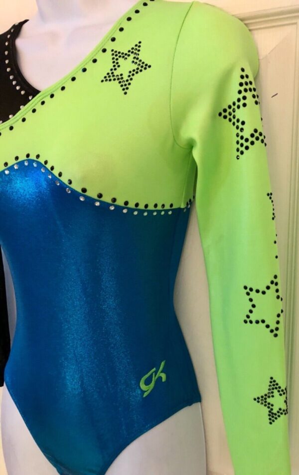 GK GREEN BLUE FOIL ADULT SMALL LgSLV BLACK MESH JA GYMNASTIC DANCE LEOTARD Sz AS - Image 5