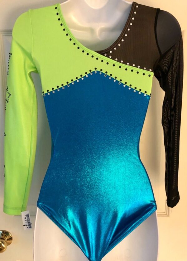 GK GREEN BLUE FOIL ADULT SMALL LgSLV BLACK MESH JA GYMNASTIC DANCE LEOTARD Sz AS - Image 8