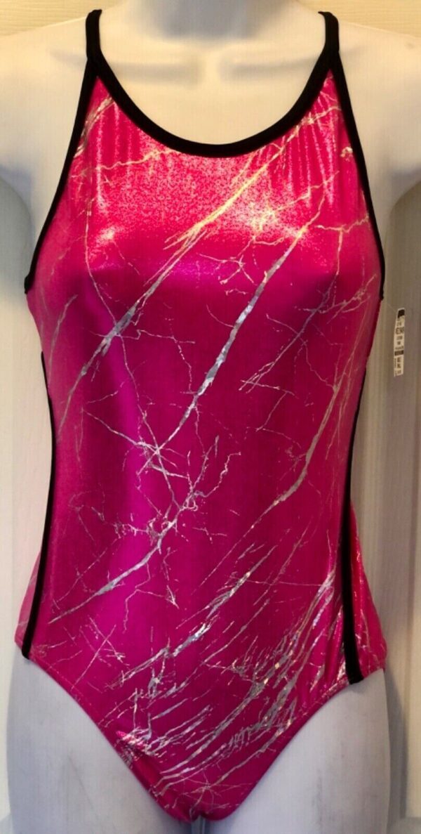 GK CAMISOLE ADULT SMALL PINK SILVER FOIL GYMNASTICS DANCE TANK LEOTARD Sz AS NWT