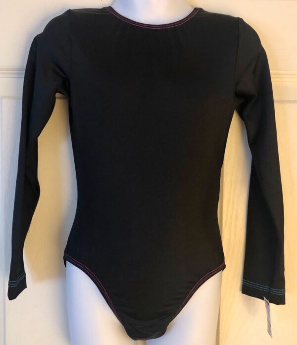 GK Elite GIRLS MEDIUM CLASSIC LgSLV BLACK NYLON/SPANDEX GYMNASTICS LEOTARD Sz CM