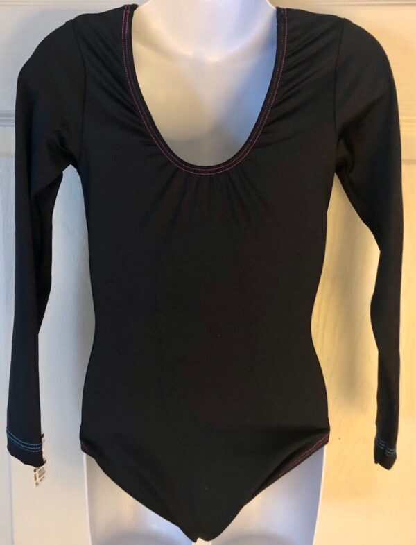 GK Elite GIRLS MEDIUM CLASSIC LgSLV BLACK NYLON/SPANDEX GYMNASTICS LEOTARD Sz CM - Image 3