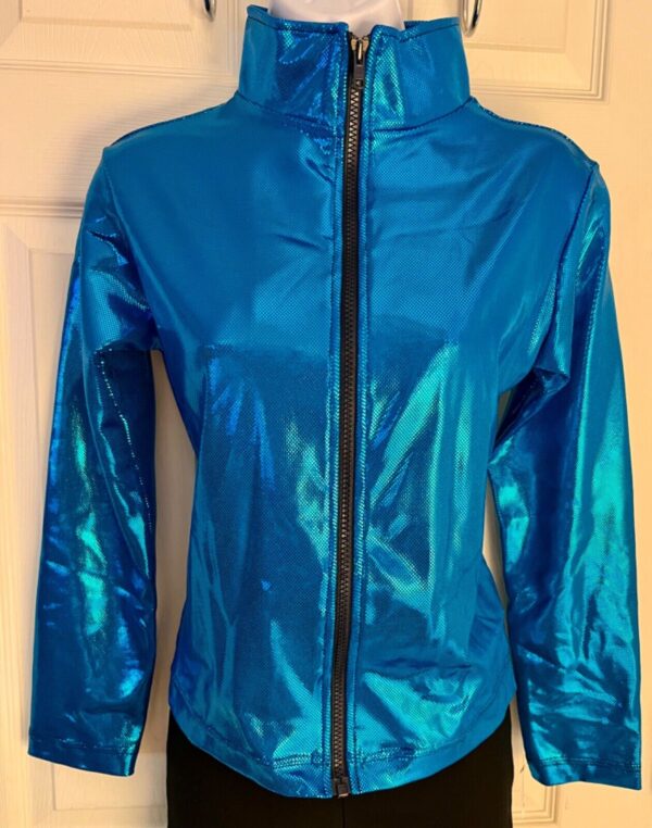 GK WARM UP JACKET ADULT SMALL BLUE SHIMMER FOIL ZIP FRONT GYM DANCE CHEER S