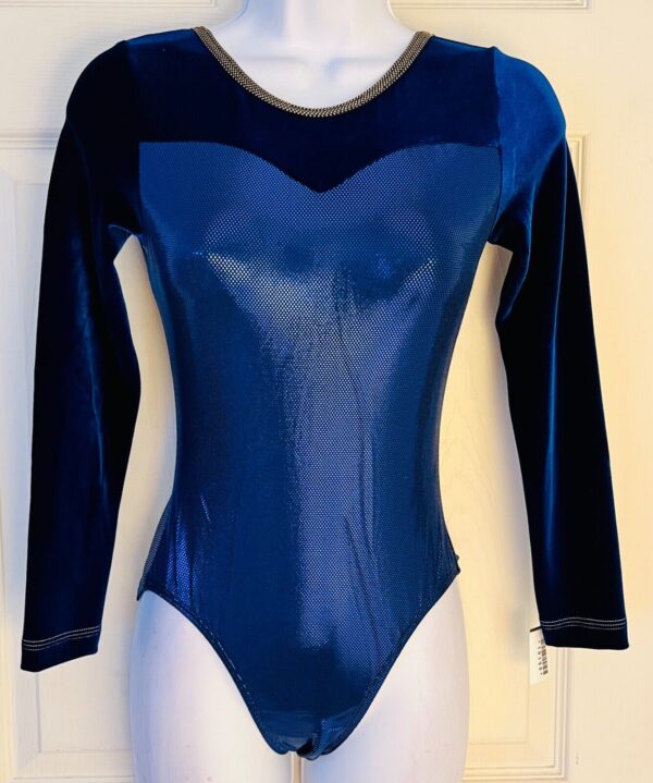 GK LgSLV LADIES SMALL NAVY VELVET BLUE SHIMMER GOLD GYMNAST DANCE LEOTARD Sz AS