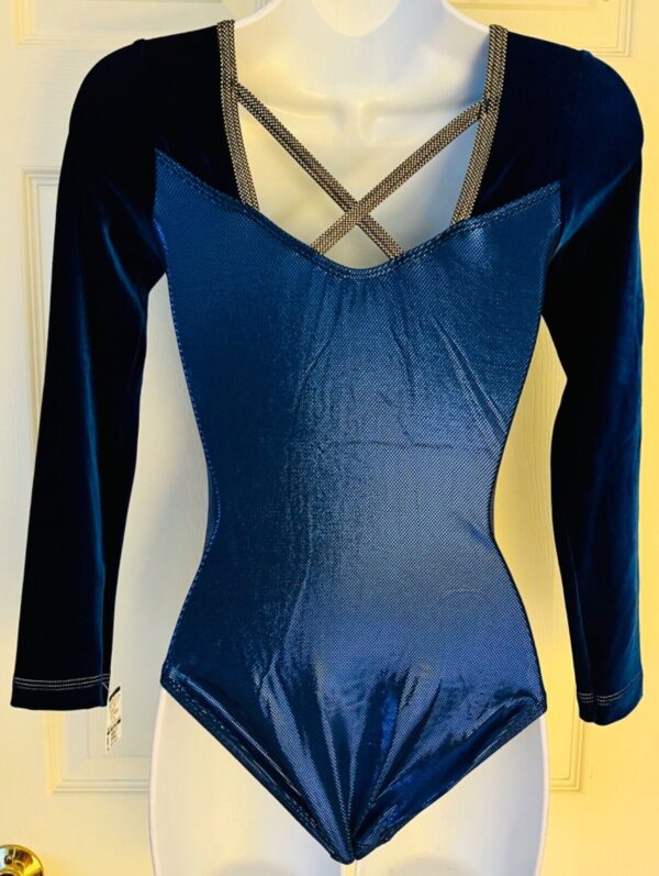 GK LgSLV LADIES SMALL NAVY VELVET BLUE SHIMMER GOLD GYMNAST DANCE LEOTARD Sz AS - Image 5