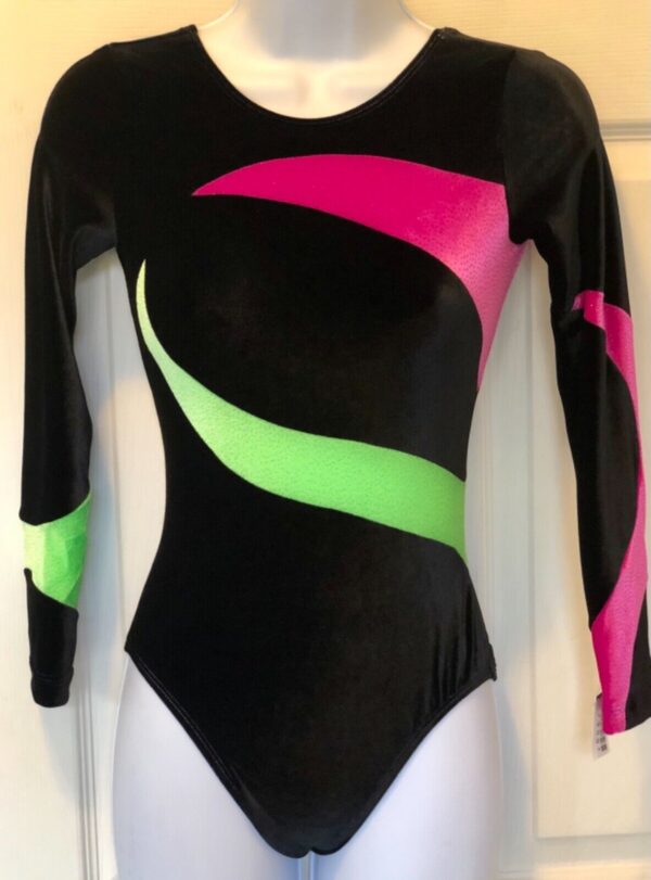 GK LgSLV BLACK VELVET ADULT SMALL PINK LIME GLITTER RIBBONS GYMNASTIC LEOTARD AS