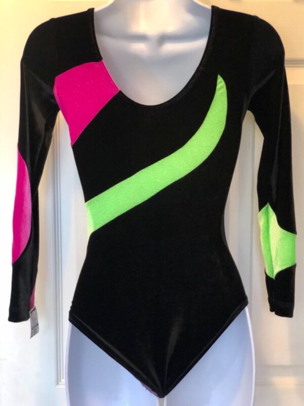 GK LgSLV BLACK VELVET ADULT SMALL PINK LIME GLITTER RIBBONS GYMNASTIC LEOTARD AS - Image 5