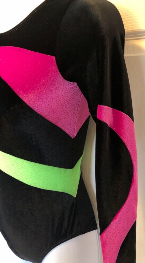 GK LgSLV BLACK VELVET ADULT SMALL PINK LIME GLITTER RIBBONS GYMNASTIC LEOTARD AS - Image 7