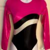 GK LgSLV PINK BLACK MYSTIQUE ADULT SMALL WHITE ACCENT GYMNASTS DANCE LEOTARD AS